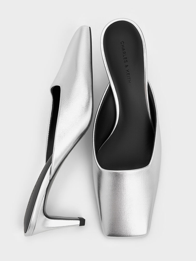 Metallic Square-Toe Blade-Heel Mules, Silver, hi-res