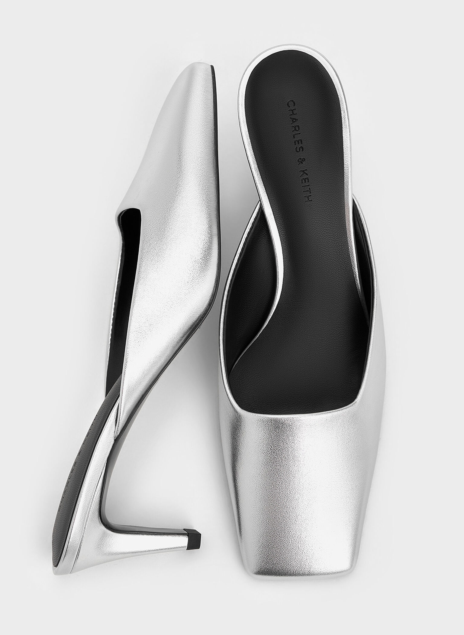 Metallic Square-Toe Blade-Heel Mules, Silver, hi-res