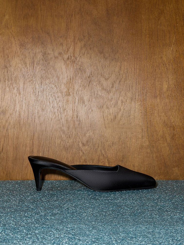 Satin Square-Toe Blade-Heel Mules, Black Textured, hi-res