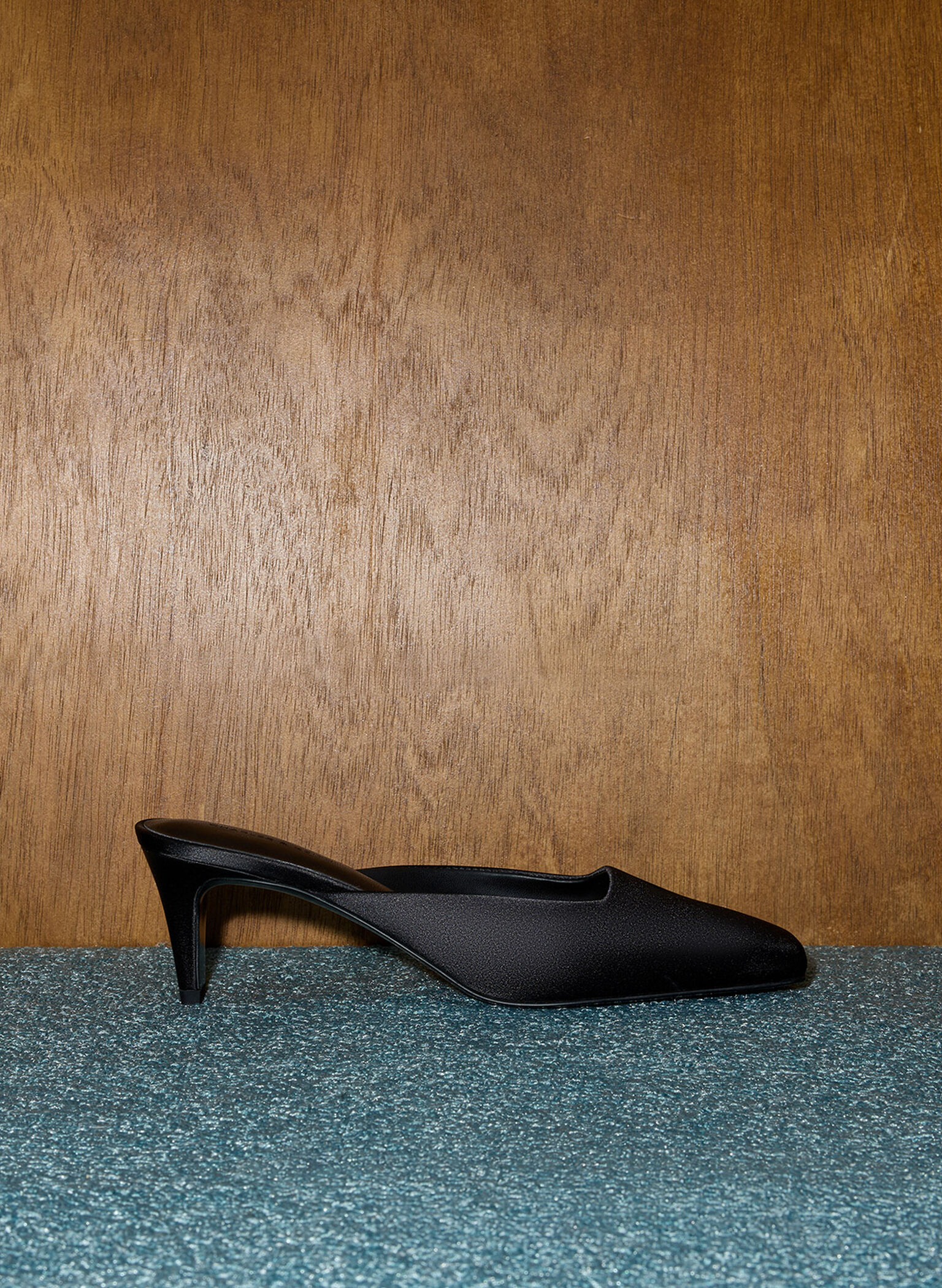Satin Square-Toe Blade-Heel Mules, Black Textured, hi-res
