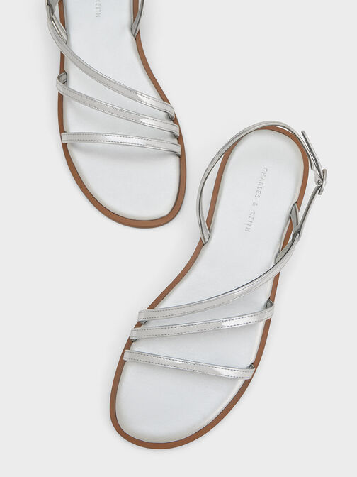 Metallic Asymmetric Triple-Strap Sandals, Silver, hi-res