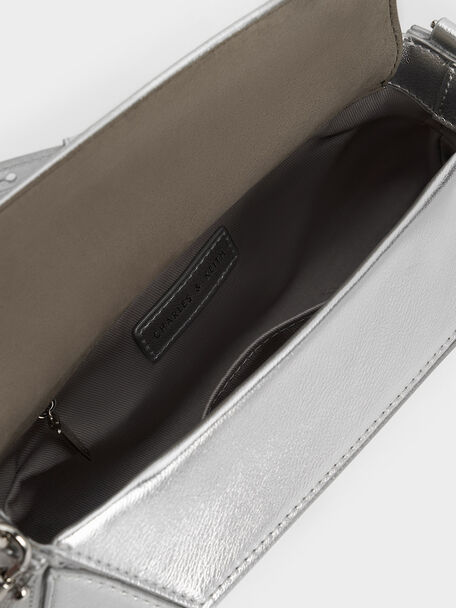 Nasrin Metallic Geometric Chain-Handle Shoulder Bag, Silver, hi-res