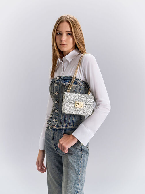 Glittered Push-Lock Chain-Handle Bag, Silver, hi-res