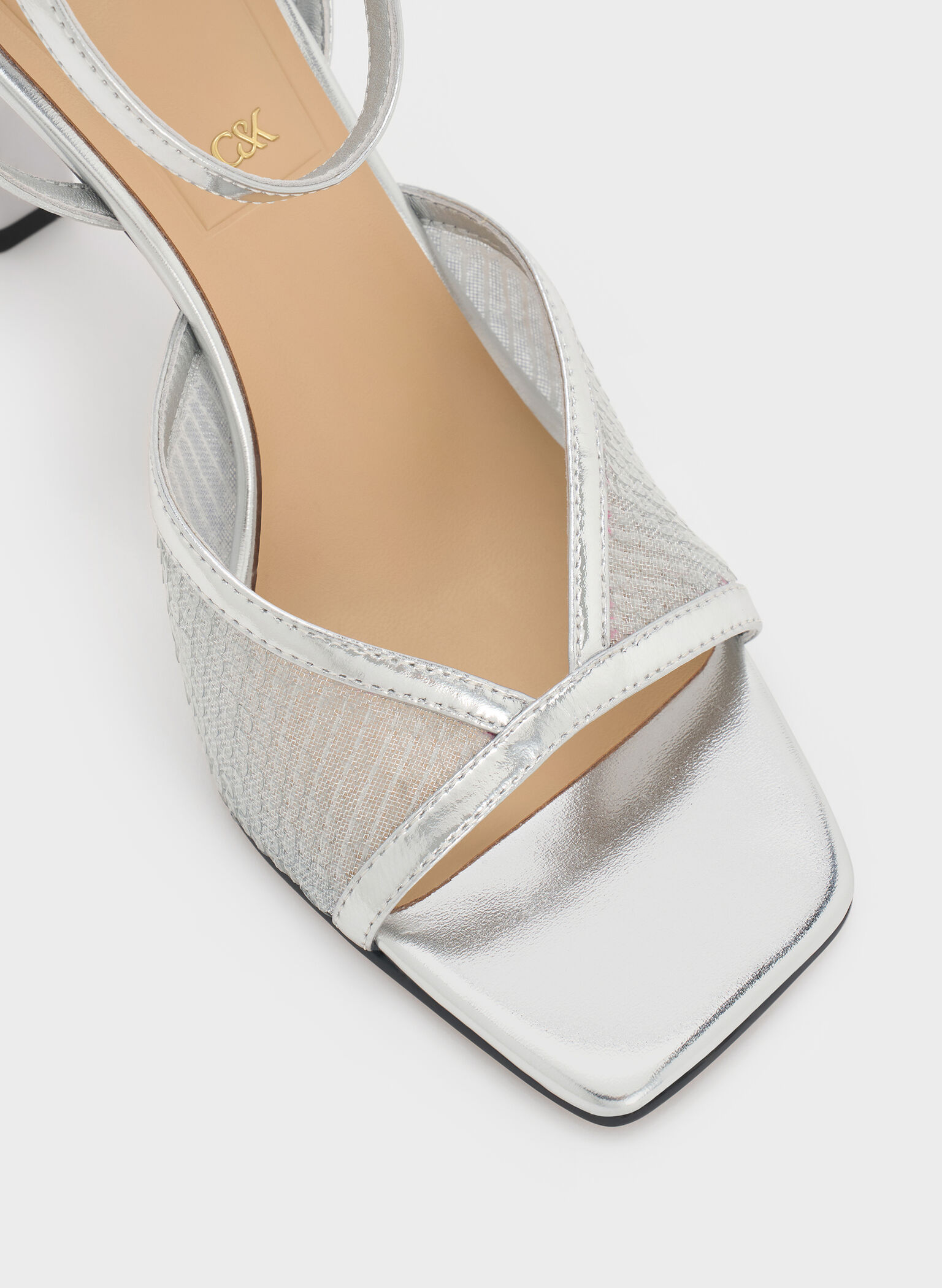Sequin Mesh & Leather Ankle-Strap Heeled Sandals, Silver, hi-res