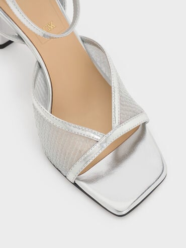Sequin Mesh & Leather Ankle-Strap Heeled Sandals, Silver, hi-res