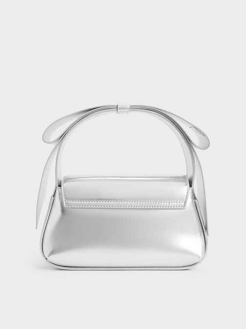 Leather Metallic Bow Top-Handle Bag, Silver, hi-res