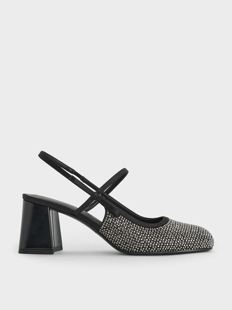 Satin Crystal-Embellished Slingback Mary Jane Pumps, Black Textured, hi-res
