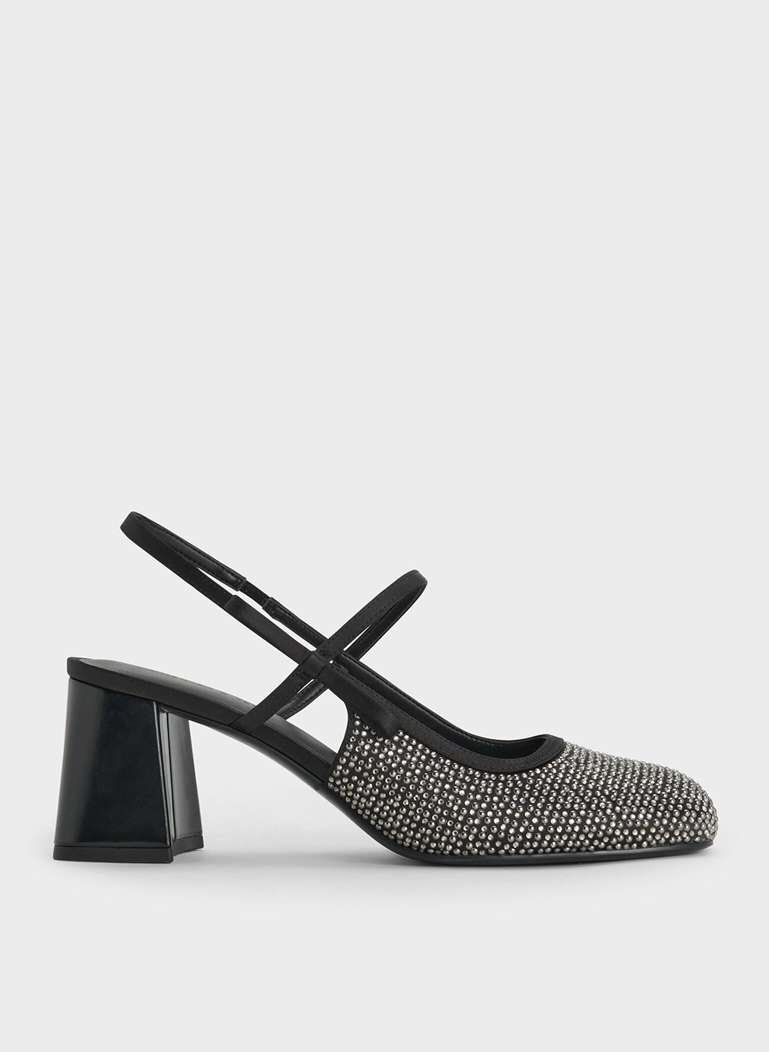 Satin Crystal-Embellished Slingback Mary Jane Pumps, Black Textured, hi-res