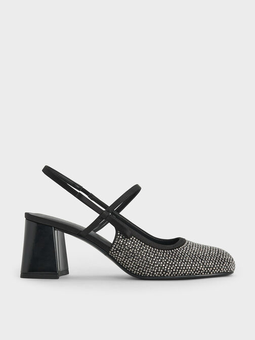 Satin Crystal-Embellished Slingback Mary Jane Pumps, Black Textured, hi-res