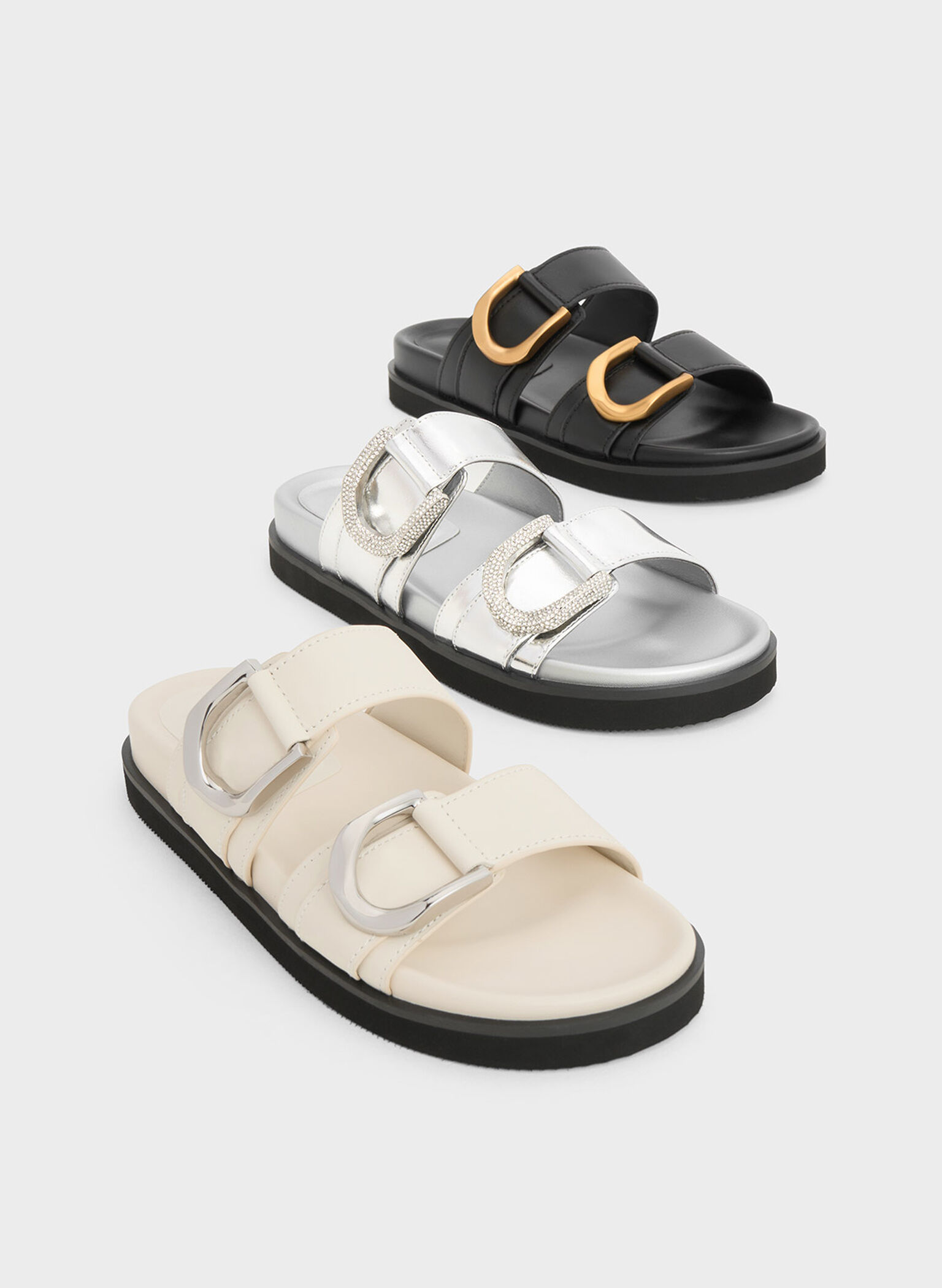 Gabine Buckled Leather Slides, Chalk, hi-res