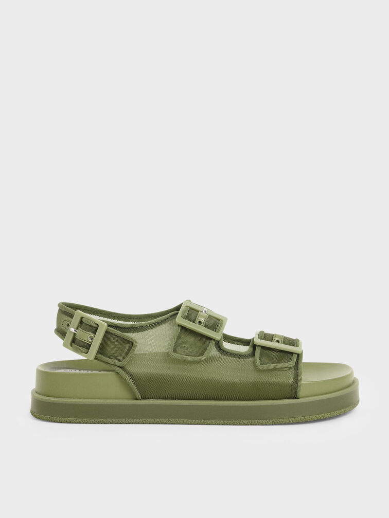 Mesh Flatform Sandals, Military Green, hi-res