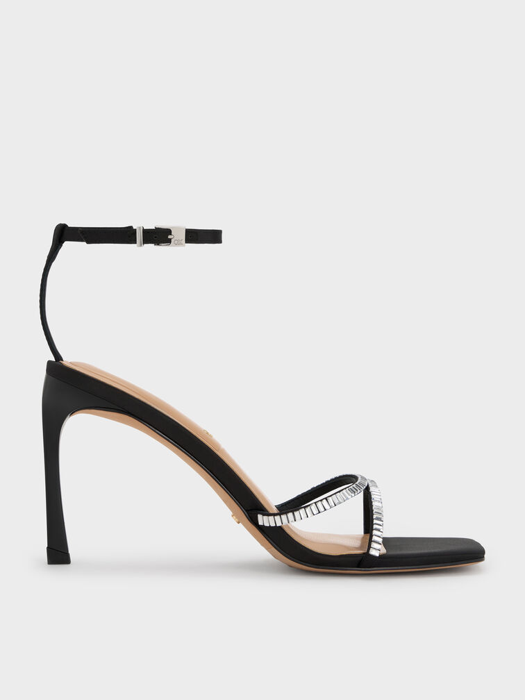 Recycled Polyester Crystal-Embellished Ankle-Strap Sandals, Black Textured, hi-res