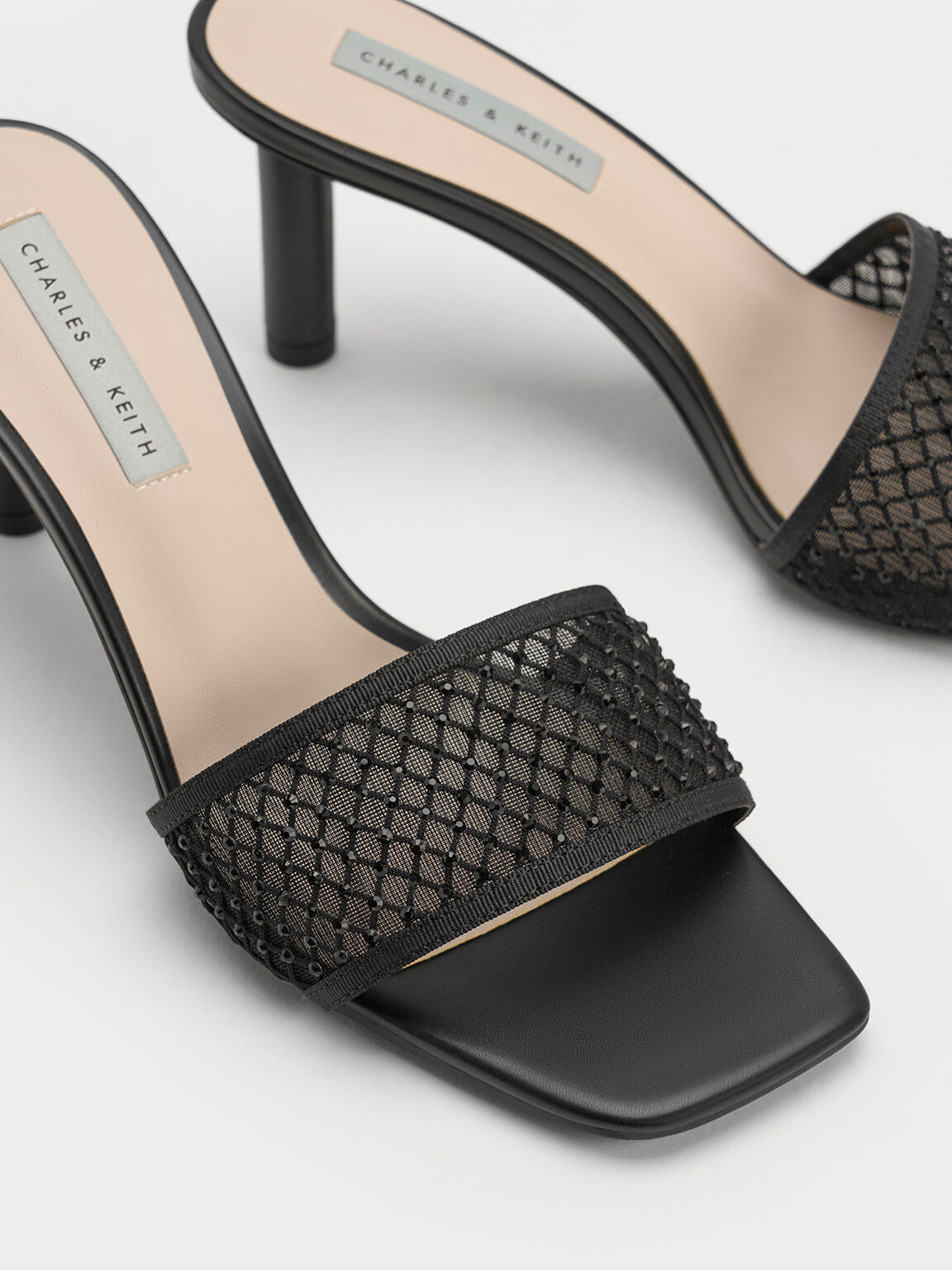 Gem Encrusted Cylindrical Heel Mesh Sandals Black
