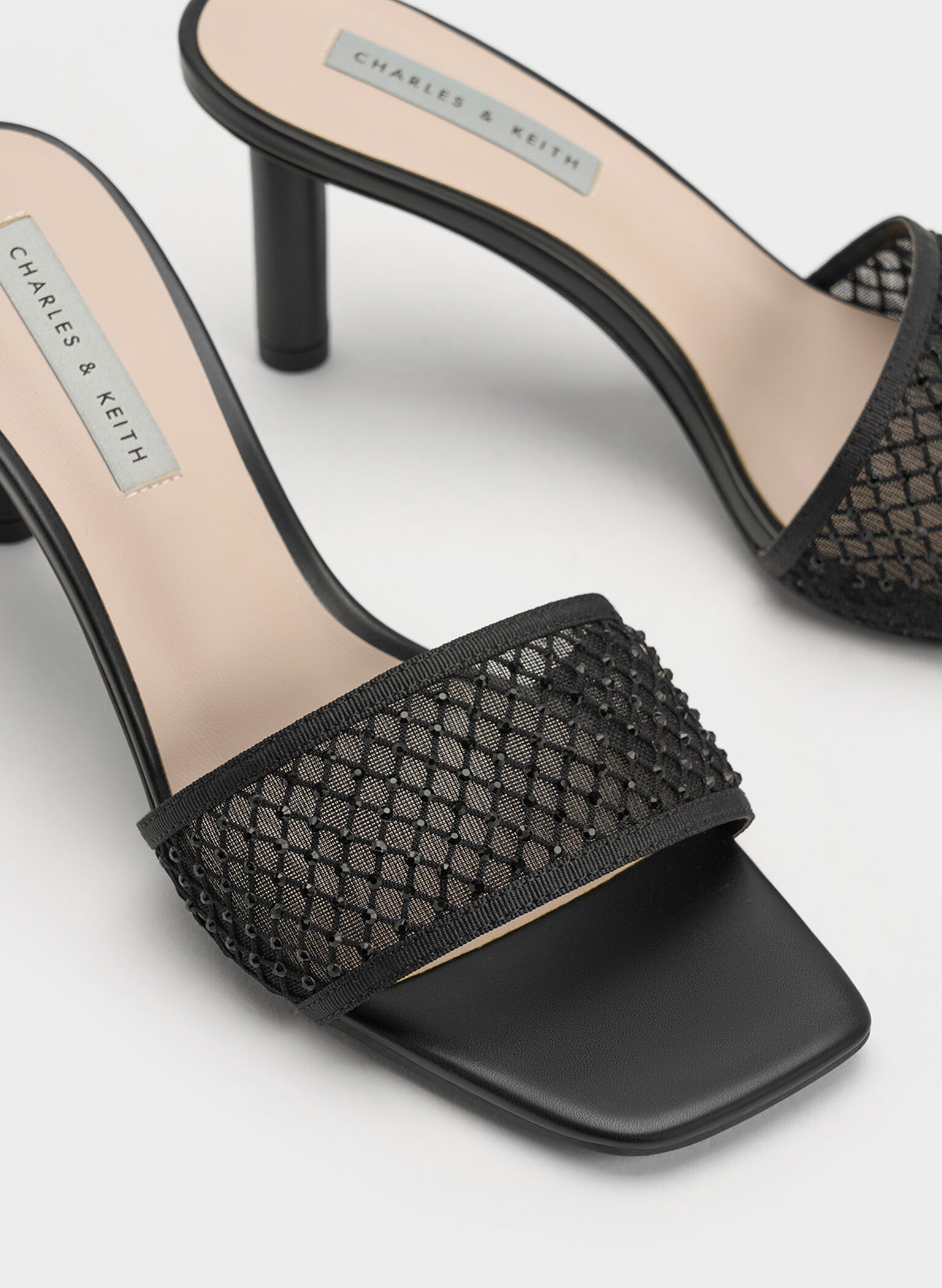 Gem-Encrusted Cylindrical Heel Mesh Sandals, Black, hi-res