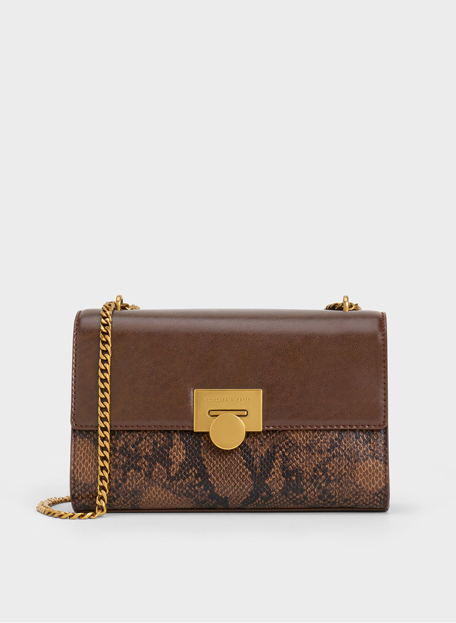 Ebba Snake Print Chain-Strap Bag, Brown, hi-res