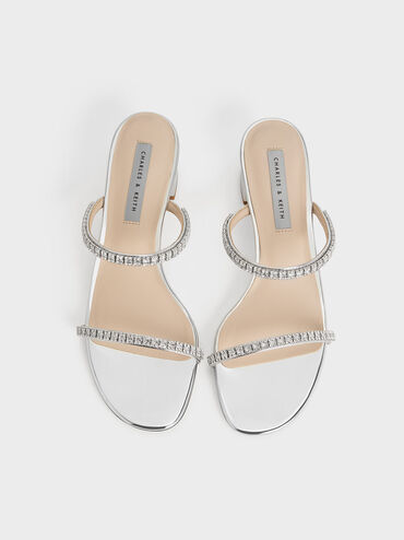 Ambrosia Metallic Gem-Embellished Mules, Silver, hi-res