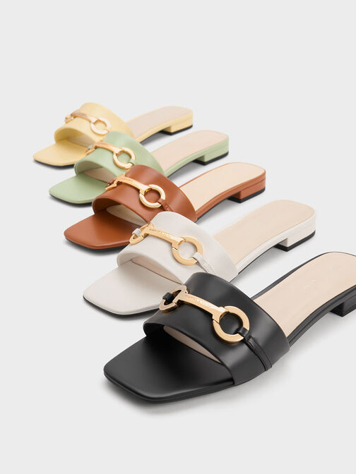Metallic Bar Slide Sandals, Black, hi-res