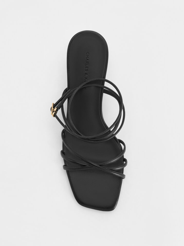 Strappy Square-Toe Kitten-Heel Sandals, Black, hi-res