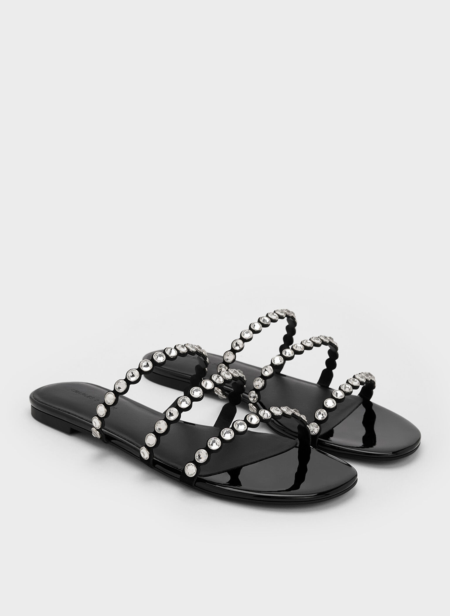Crystal-Embellished Triple-Strap Sandals, Black Textured, hi-res