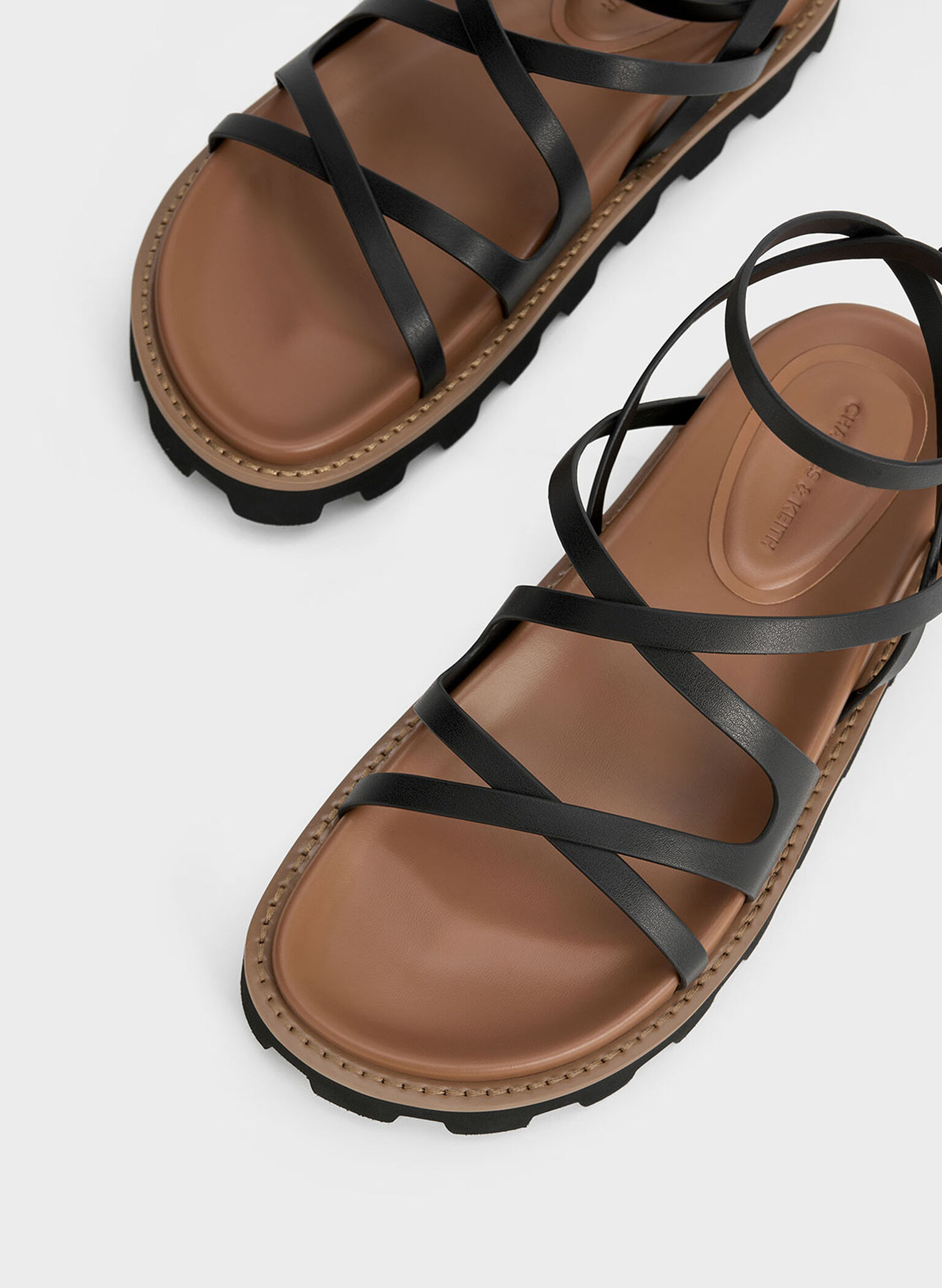 Crossover Ankle-Strap Sandals, Black, hi-res