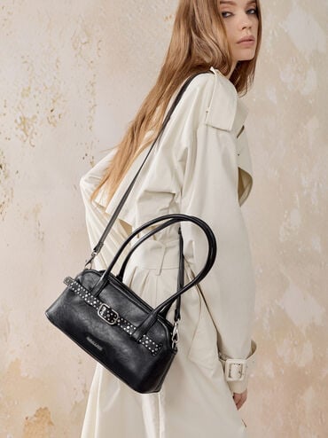 Victoria Studded Belted Elongated Shoulder Bag, Noir, hi-res