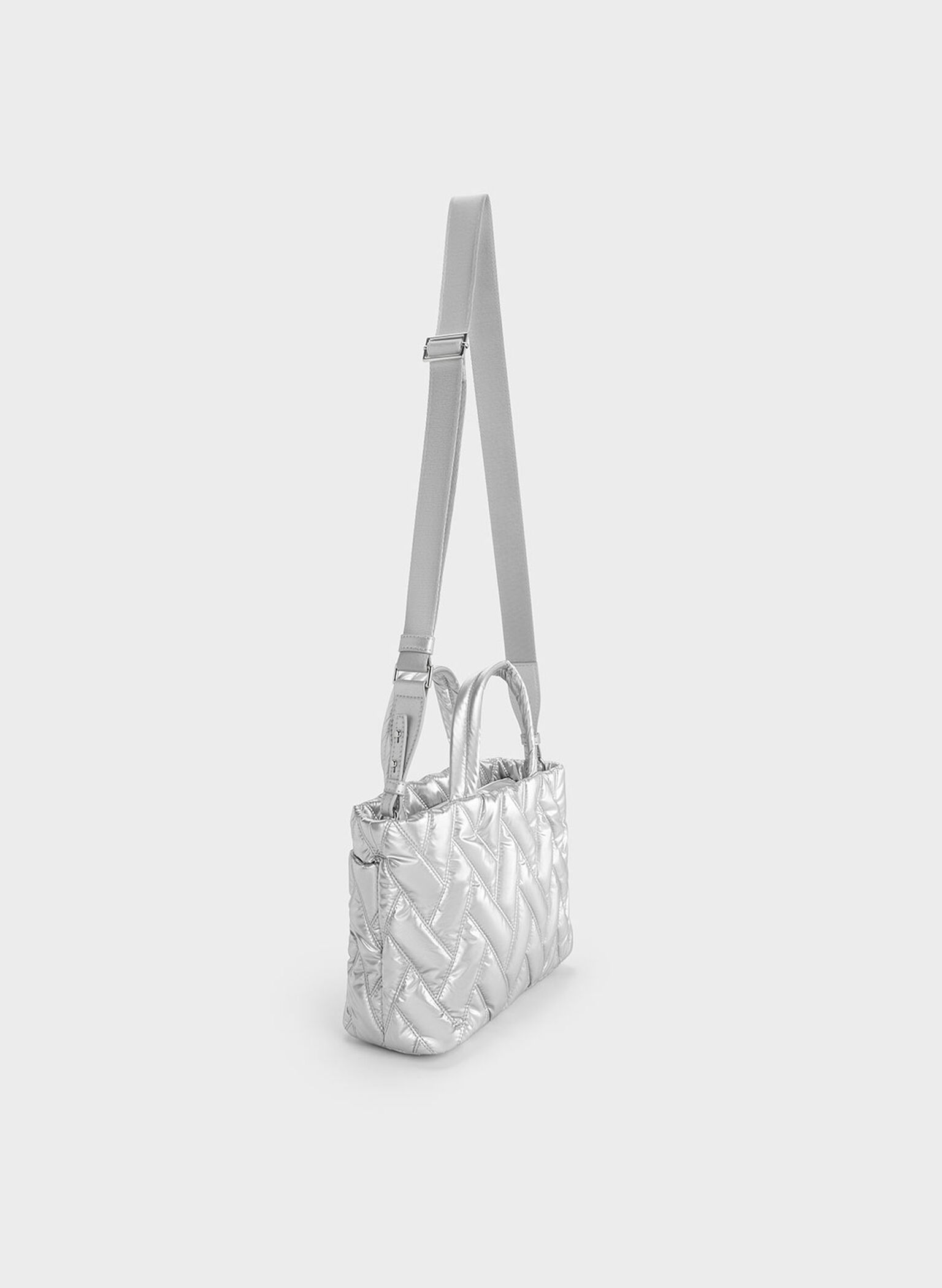 Nylon Chevron Boxy Tote Bag, Silver, hi-res