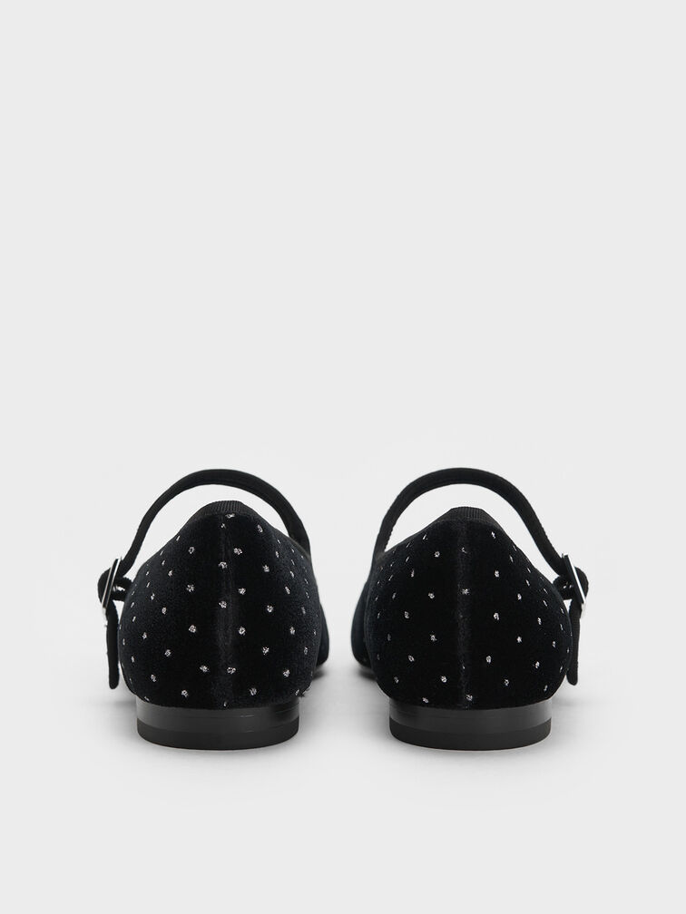 Carmel Velvet Dotted Buckled Mary Jane Flats, Black Textured, hi-res