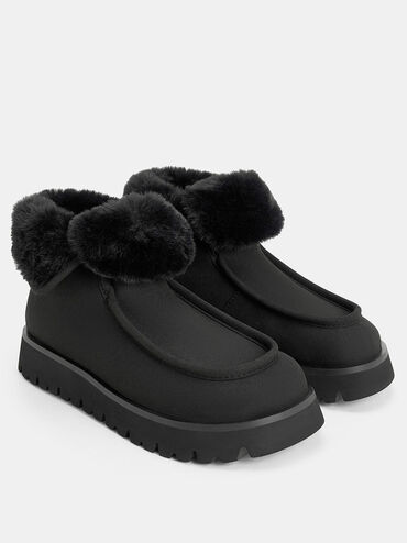 Textured Fur-Lined Ridged-Sole Ankle Boots, Black, hi-res