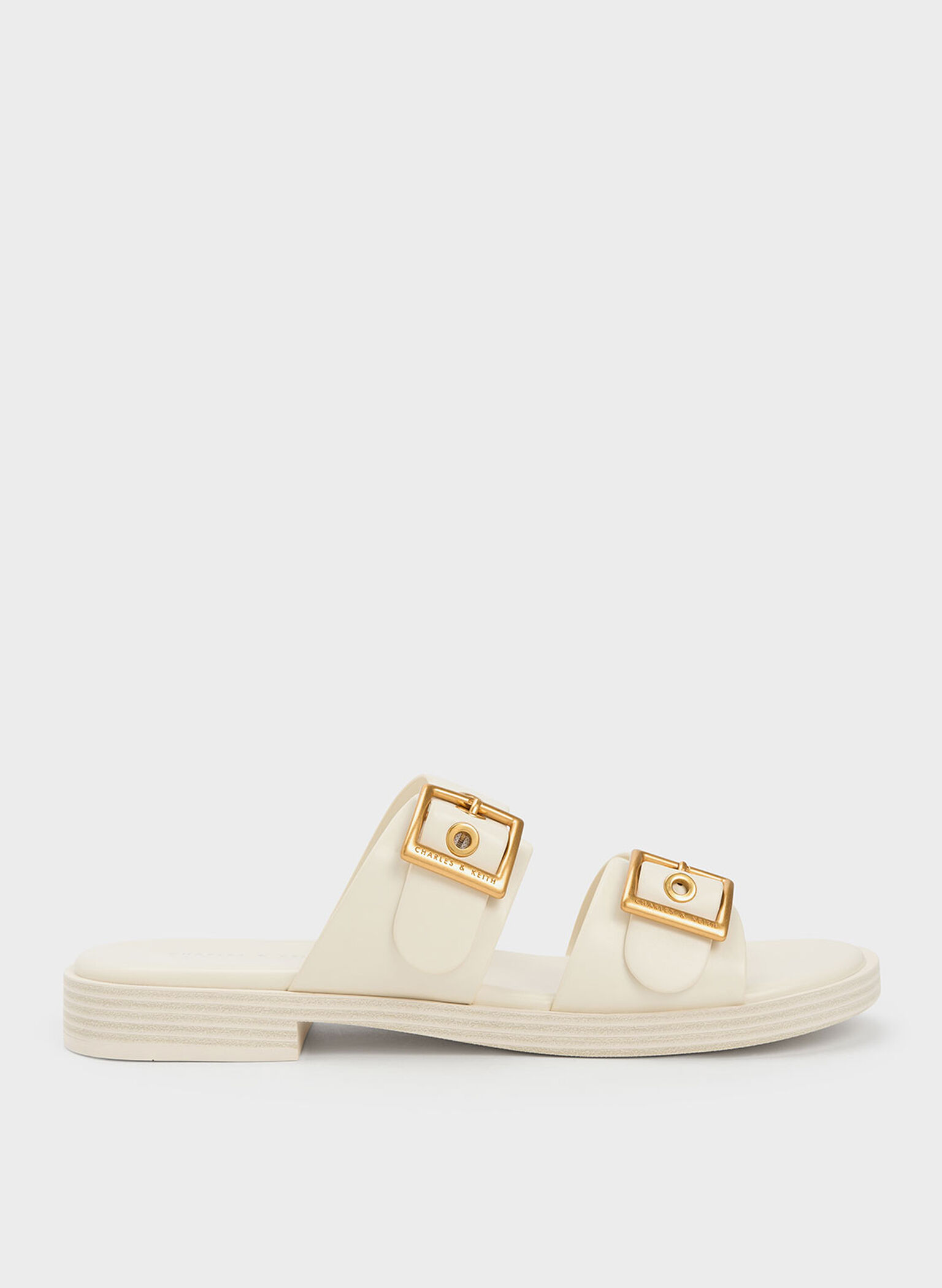 Buckled Double Strap Slide Sandals, White, hi-res