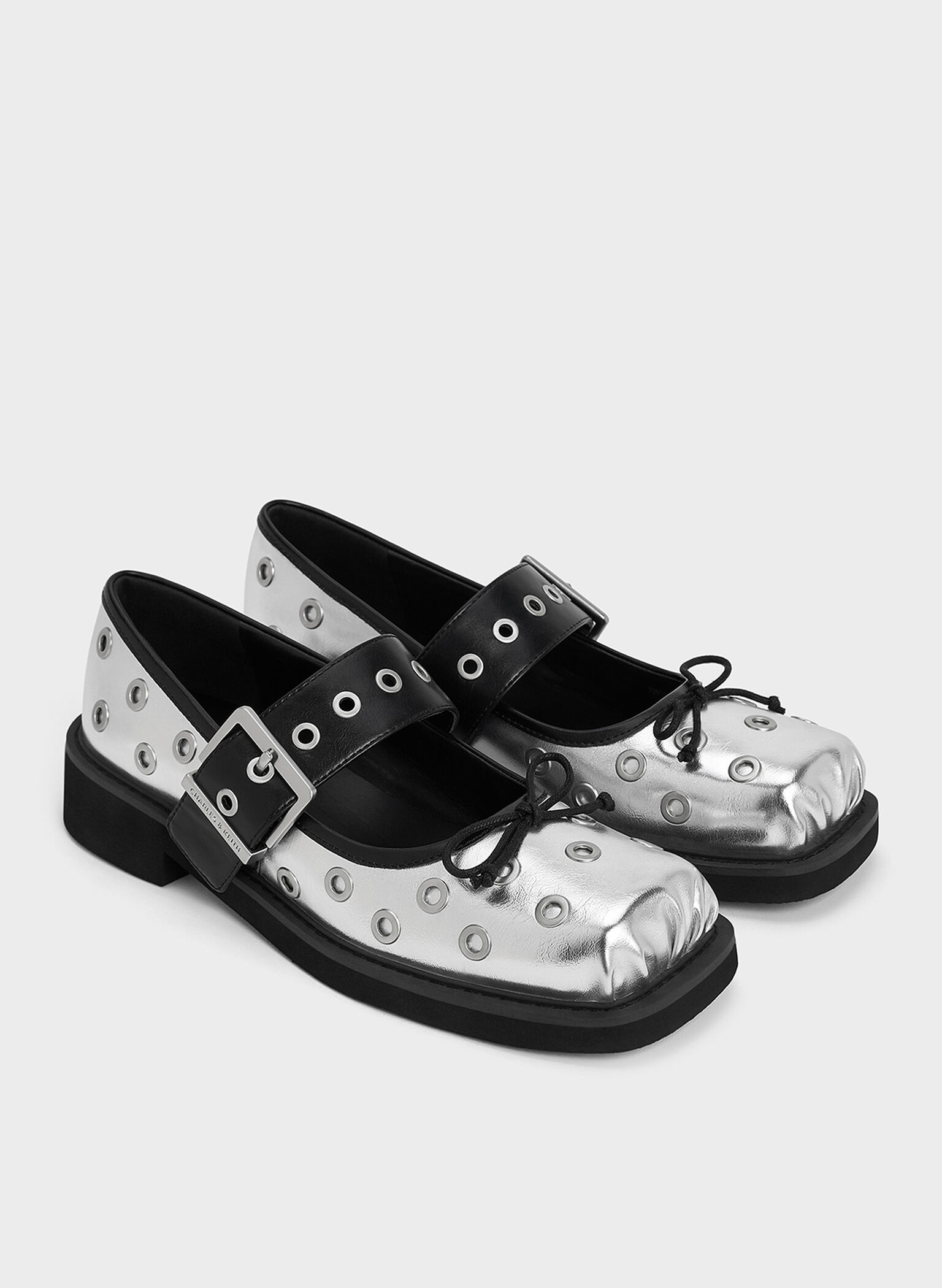 Metallic Grommet Buckled Mary Janes, Silver, hi-res