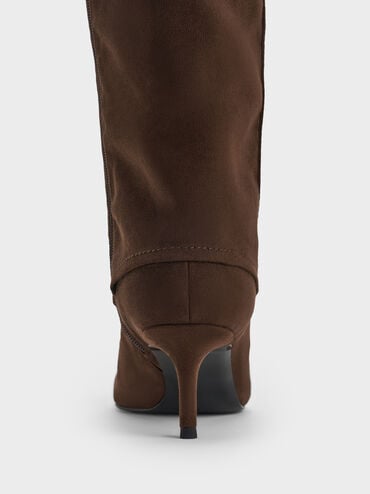 Faux Suede Pointed-Toe Stiletto-Heel Knee-High Boots, Dark Brown Textured, hi-res