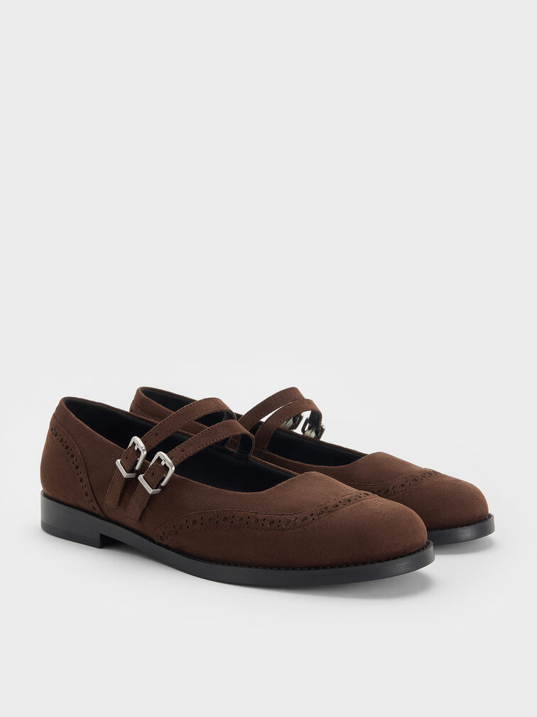 Faux Suede Double-Strap Brogue Mary Janes, Dark Brown Textured, hi-res