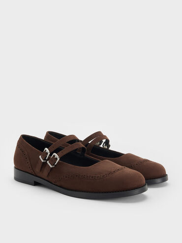 Faux Suede Double-Strap Brogue Mary Janes, Dark Brown Textured, hi-res