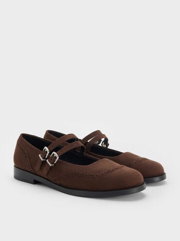 Faux Suede Double-Strap Brogue Mary Janes, Dark Brown Textured, hi-res