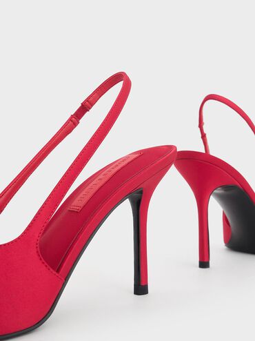 Satin Bow Pointed-Toe Slingback Pumps, Red, hi-res