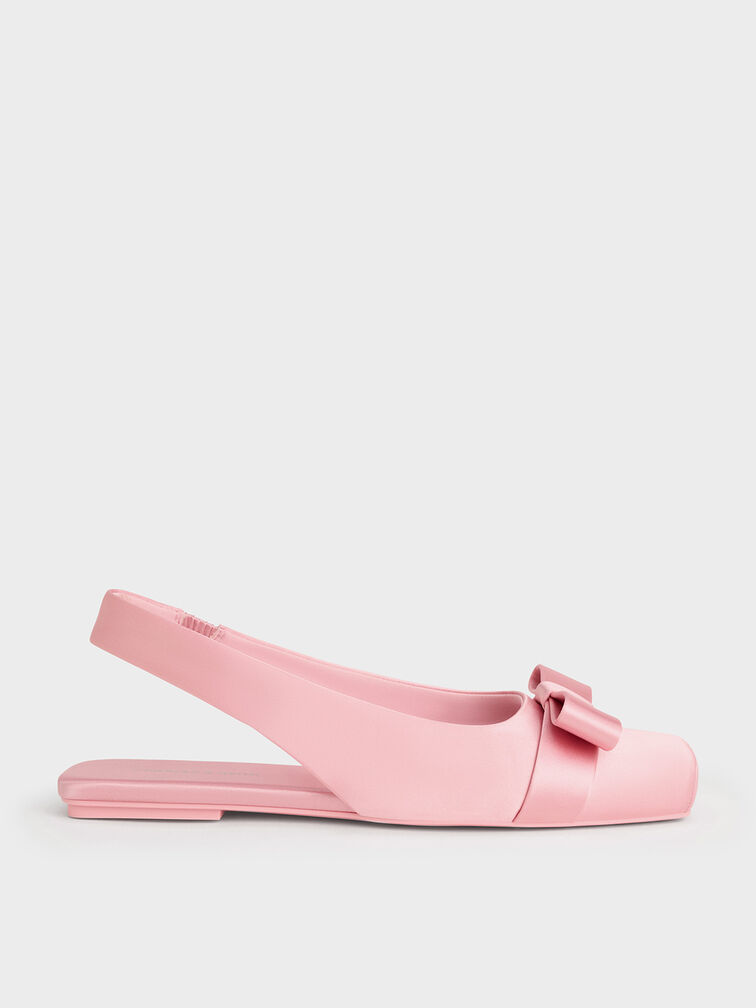 Satin Bow Slingback Ballet Flats, Pink, hi-res