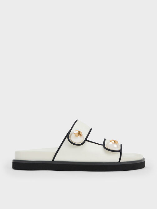 Pearl Embellished Contrast-Trim Slides, White, hi-res