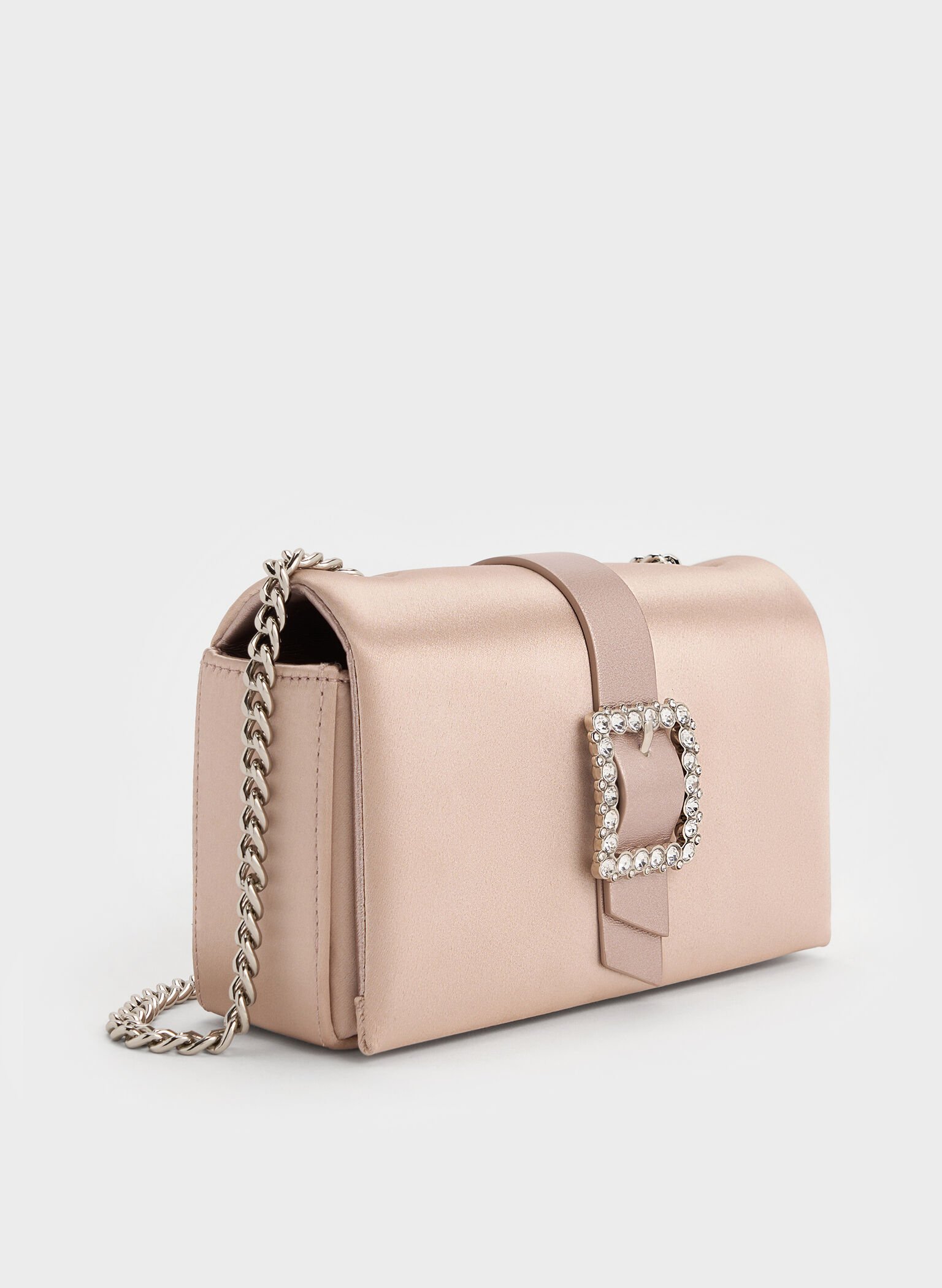 Satin Crystal-Buckle Belted Chain-Handle Bag, Sunset Nude, hi-res