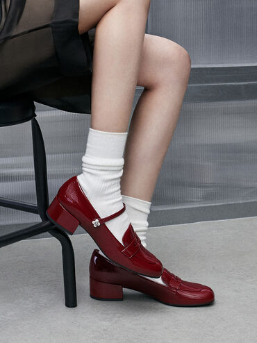 Patent Pearl-Embellished Flower-Buckle Mary Jane Loafers, Maroon, hi-res