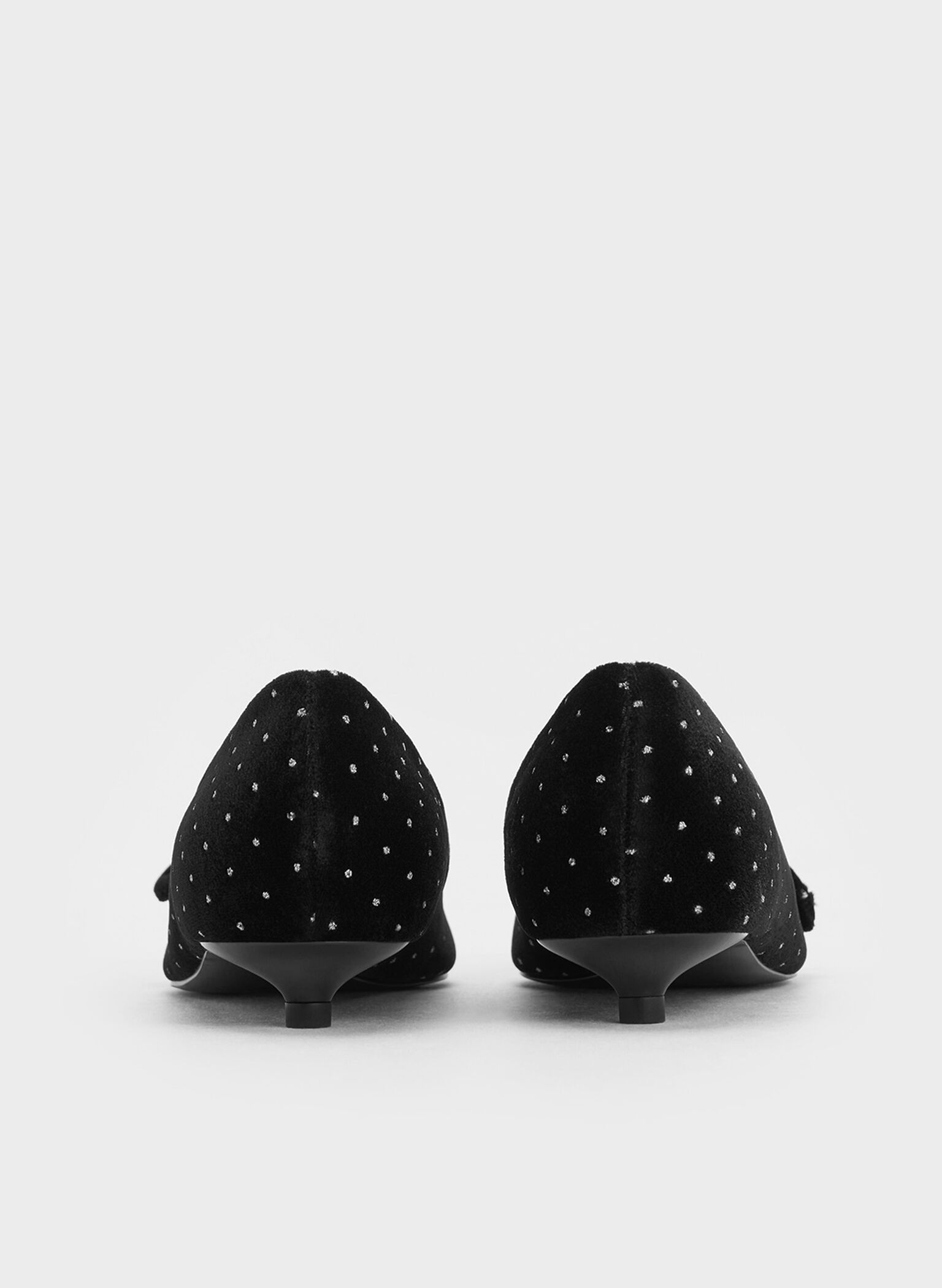 Velvet Dotted Bow Pointed-Toe Kitten-Heel Pumps, Black Textured, hi-res