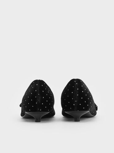 Velvet Dotted Bow Pointed-Toe Kitten-Heel Pumps, Black Textured, hi-res