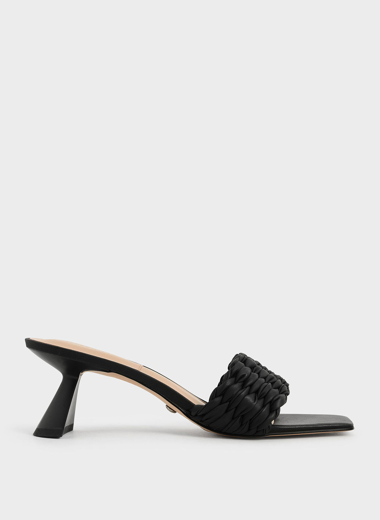 Pleated Sculptural Heel Sandals, Black, hi-res