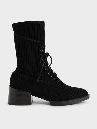 Knitted Lace-Up Ankle Boots, Black, hi-res