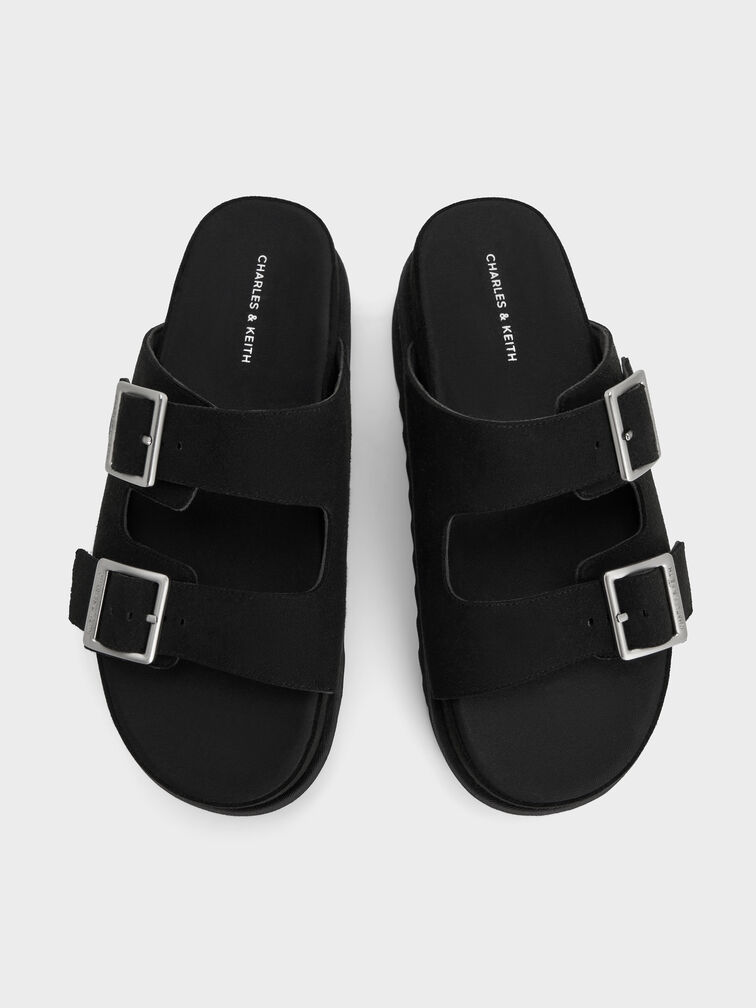 Buckled Double-Strap Flatform Sandals, Black, hi-res