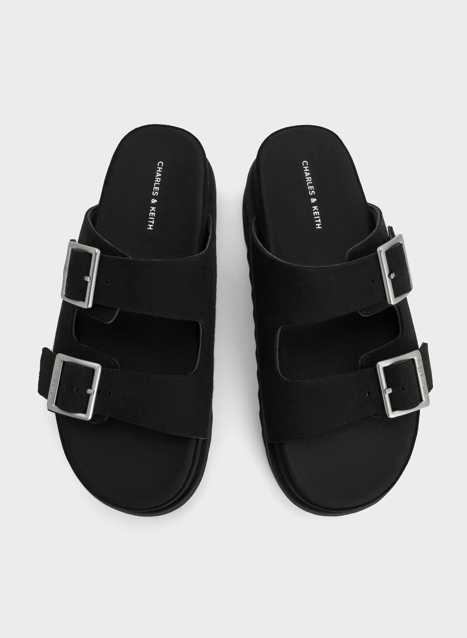 Buckled Double-Strap Flatform Sandals, Black, hi-res