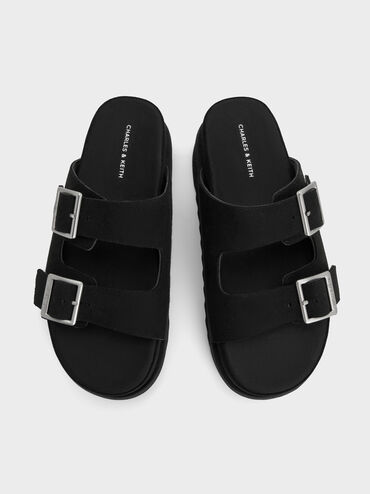 Buckled Double-Strap Flatform Sandals, Black, hi-res