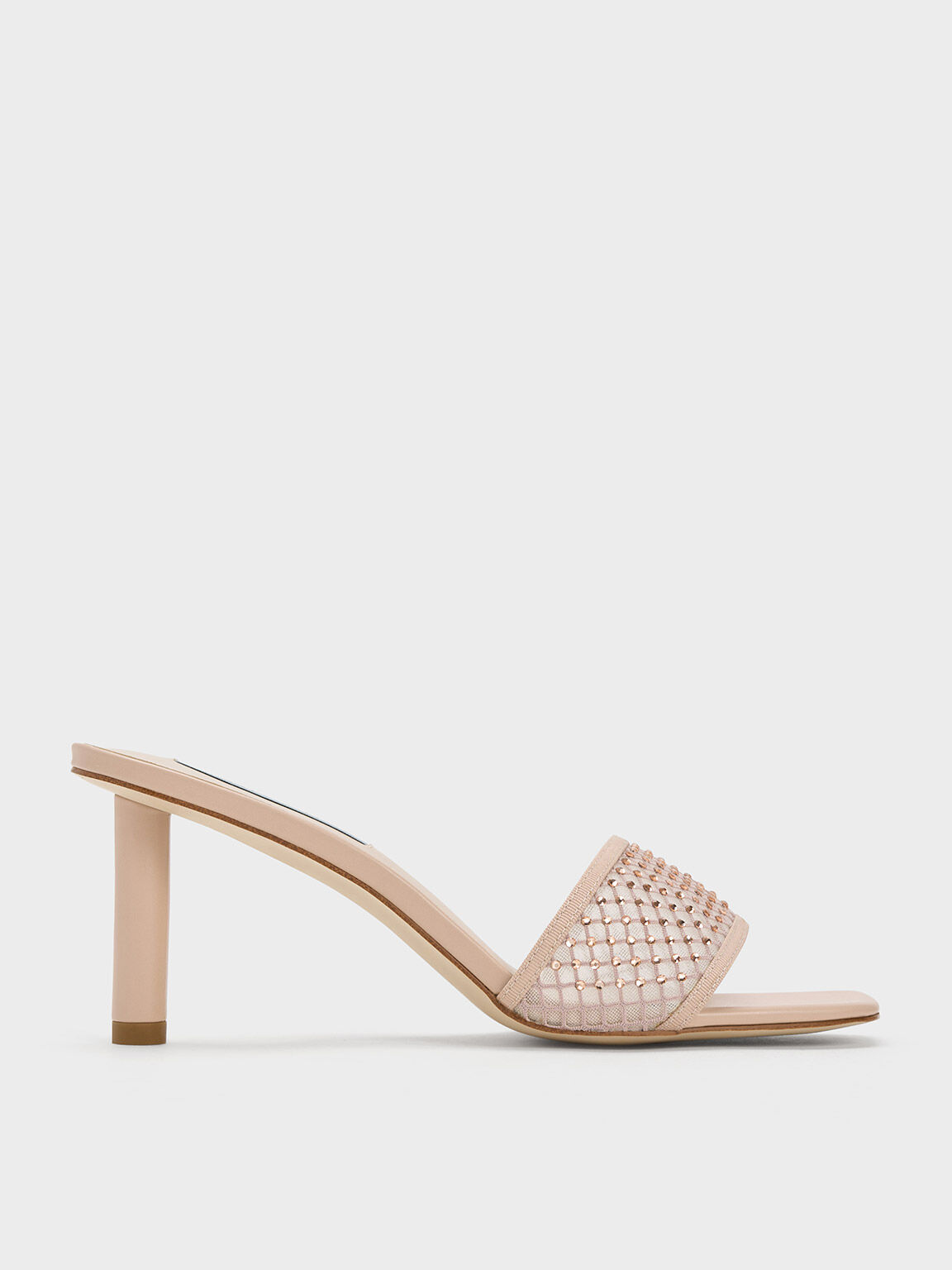 Gem Encrusted Cylindrical Heel Mesh Sandals Nude