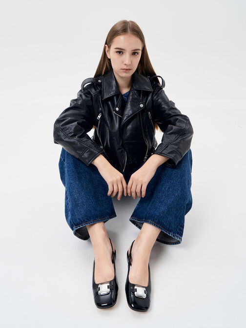 Patent Leather Metallic-Accent Slingback Flats, Black Patent, hi-res