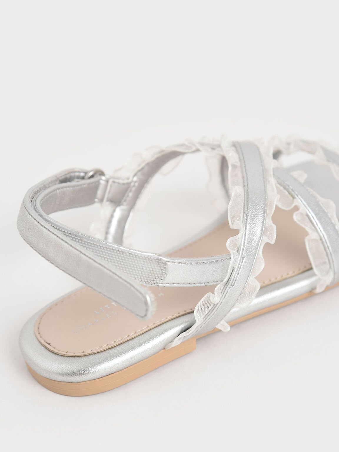 Girls' Metallic Frill-Trim Flat Sandals, Silver, hi-res