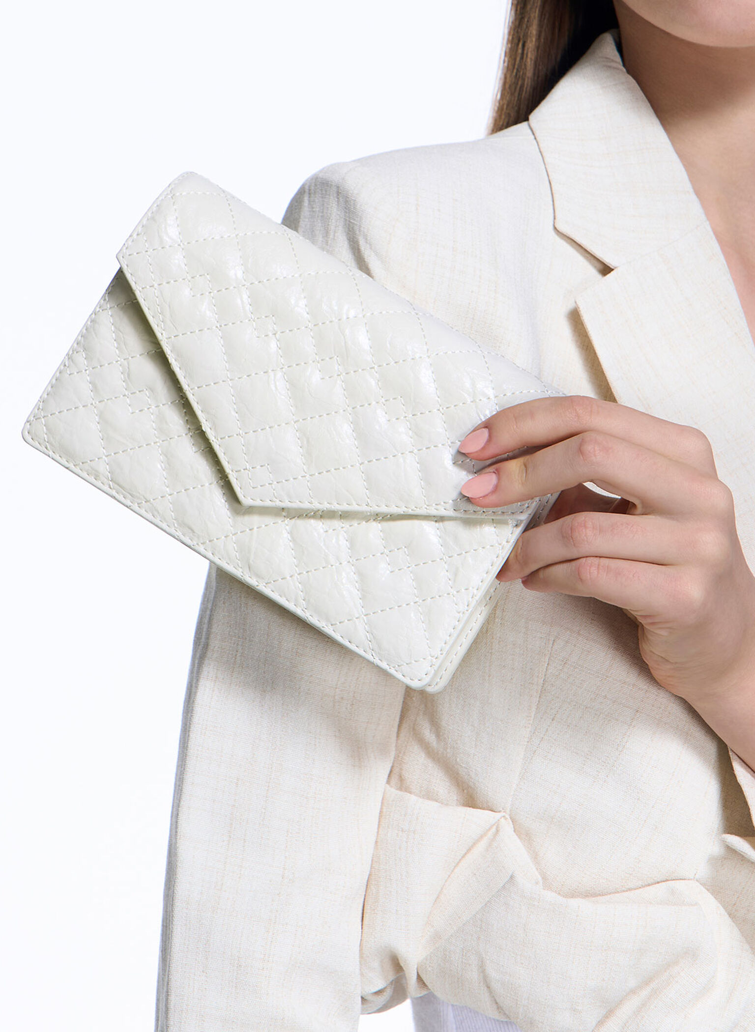 Duo Quilted Envelope Clutch, White, hi-res